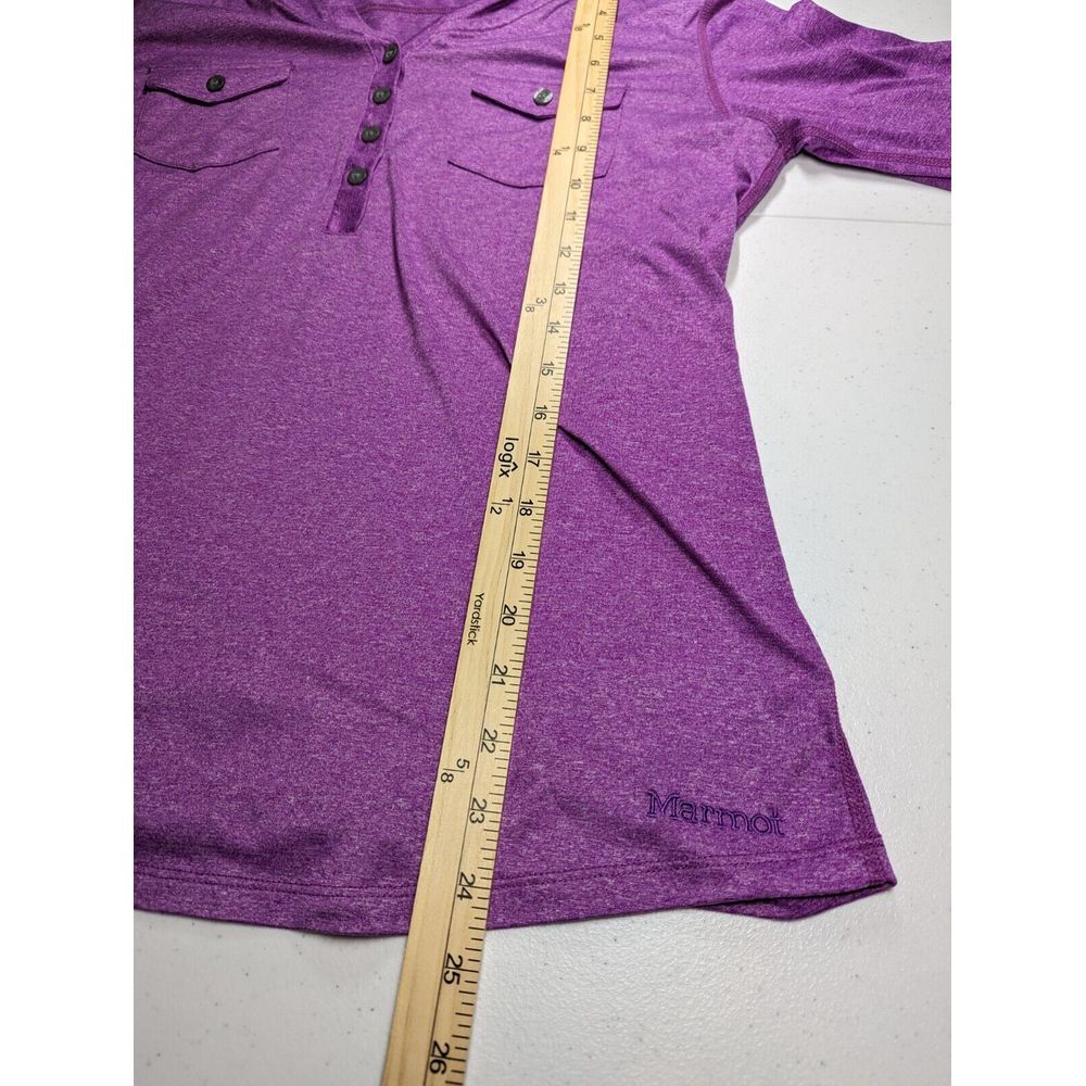 Marmot Womens Laura Hooded Button Shirt Large Purple Henley‎ Pullover Roll Tab - Picture 13 of 13